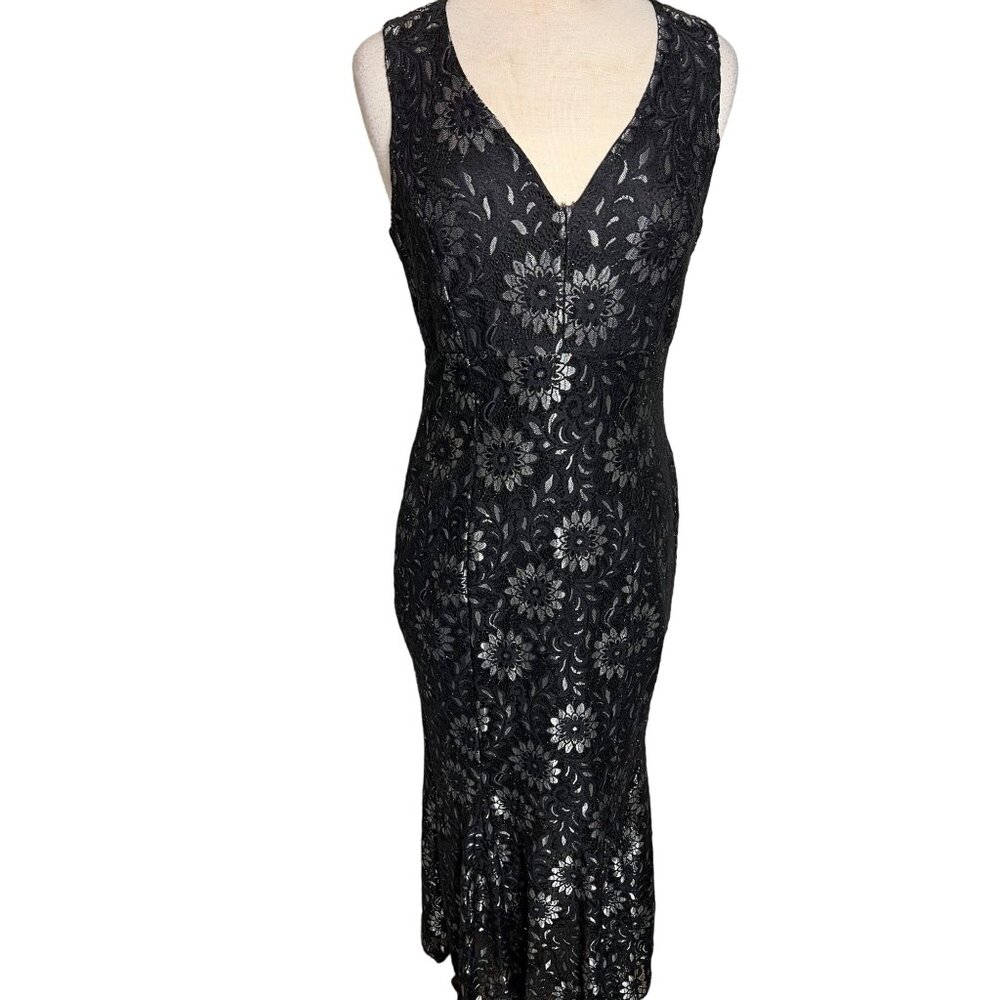 Enfocus Black Silver Maxi Size 8 Floral Lace Sheath Party Evening Goth